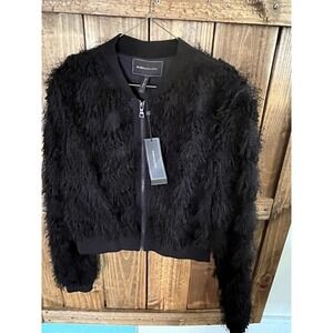 BCBG Maxazria Waist Length Black Eyelash Faux Fur Semi Cropped Bomber Jacket M